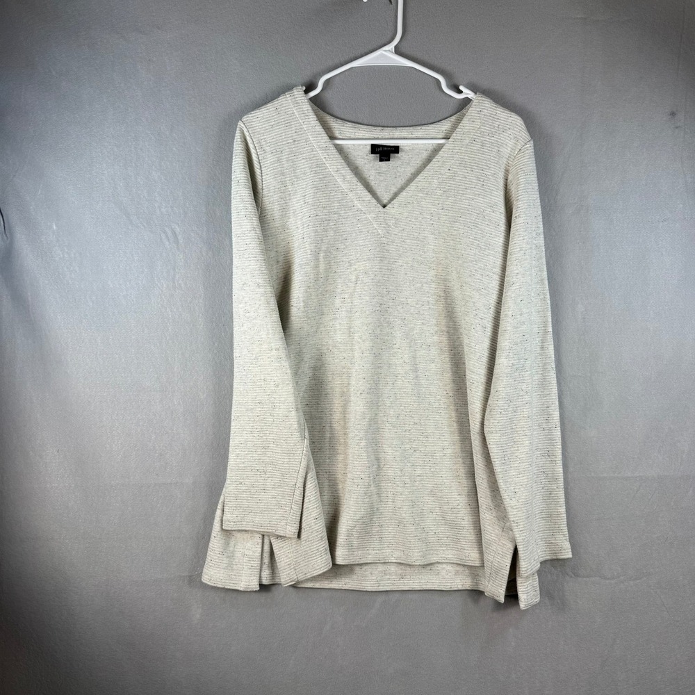 J. Jill Wearever Collection Oatmeal Ribbed V-Neck Top Large Long Sleeve Heather